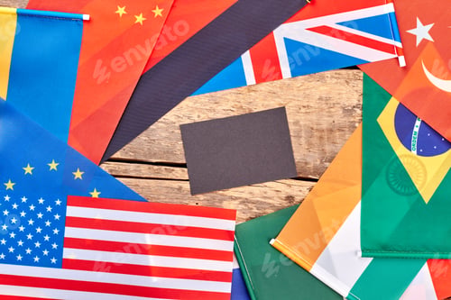 Preview: Flags gathering on wood with copyspace