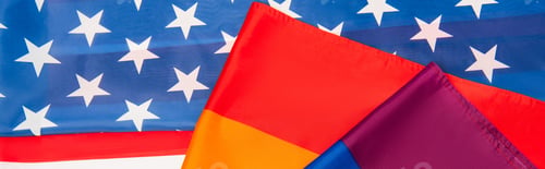 Preview: top view of american and colorful lgbt flags, banner
