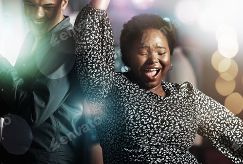 Preview: Black woman, wow or dancing on dance floor in party, nightclub event or bokeh disco for birthday ce
