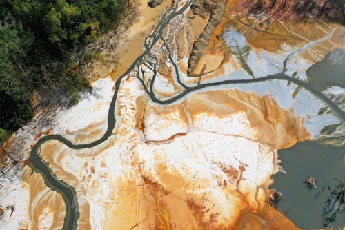 Preview: Aerial view of acid mine water drainage flow, toxic mine waters polluting the environment
