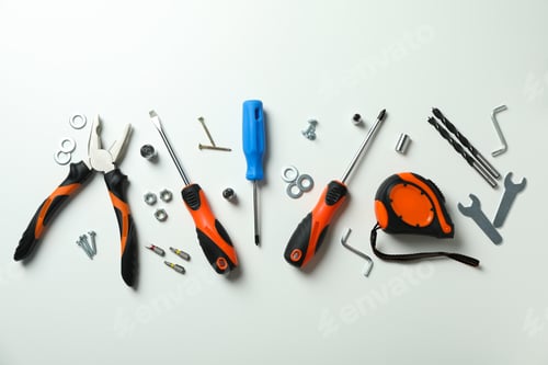 Preview: Work tools on white background, top view