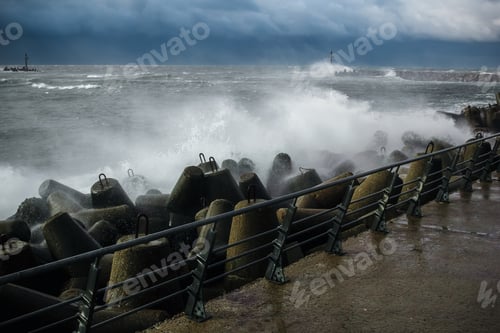 Preview: Heavy storm at the gates to the port of Klaipeda, Lithuania. Baltic Sea against a gray cloudy sky
