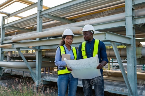 Preview: Engineer holding blueprint drawing to checking gas pipeline.