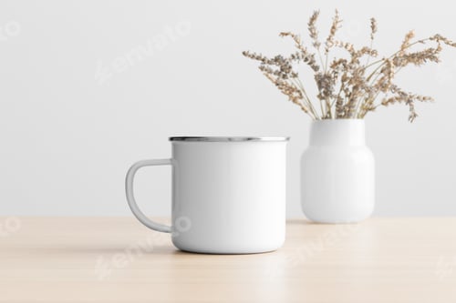 Preview: Enamel mug mockup with a lavender decoration on the wooden table.