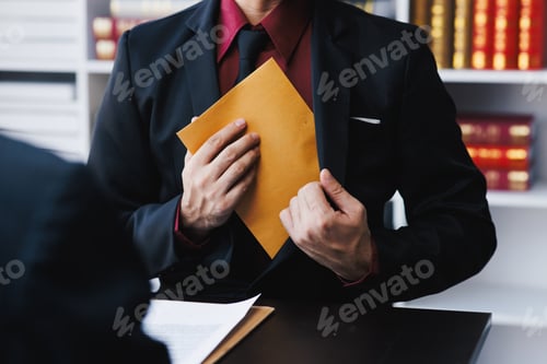 Preview: Close up view of lawyer willing to accept bribes given in dollar cash to do illegal business.