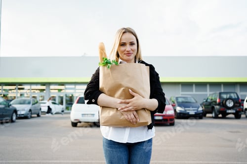 Preview: An outdoor portrait of a smiling woman, surrounded by lush greenery, holding a paper bag filled with