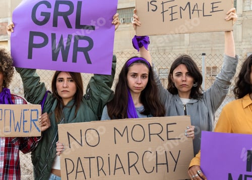 Preview: Multi-ethnic female protesters looking at camera holding signs in demonstration for equality.