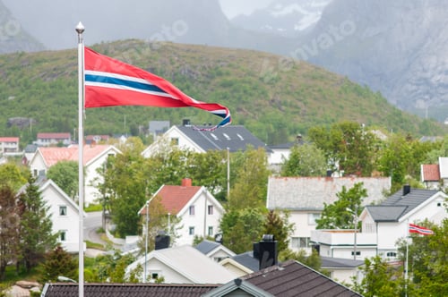 Preview: Flag in Traditional village in Lofoten archipelago, Norway