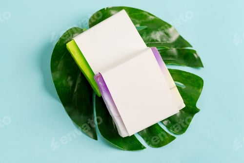 Preview: Multicolored handmade herbal natural soap bar from organic plant with paper label on a tropical leaf