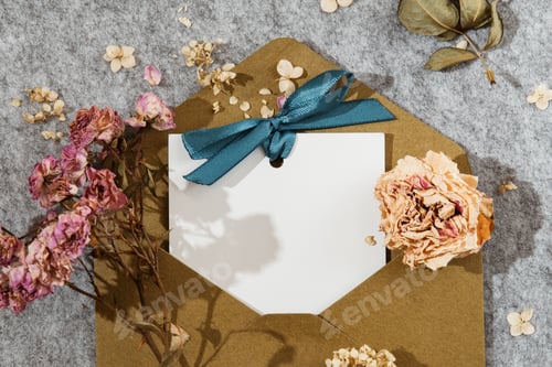 Preview: Invitation or greeting card mockup with envelope, dry rose flowers. Blank card mockup