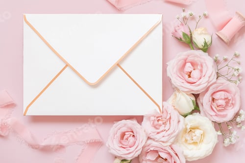Preview: Blank envelope between pink roses and pink silk ribbons on pink top view, wedding mockup