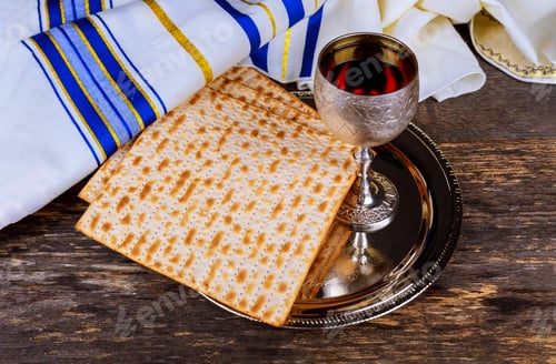 Preview: Table ready for traditional seder plate ritual the Jewish holiday of Passover kiddush wine cup