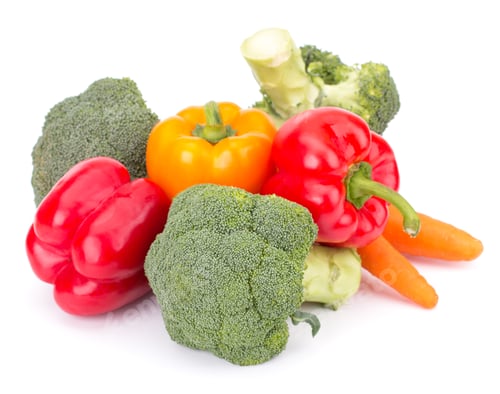 Preview: Fresh vegetables: brocolli, bell peppers, carrot, onion isolated on white background
