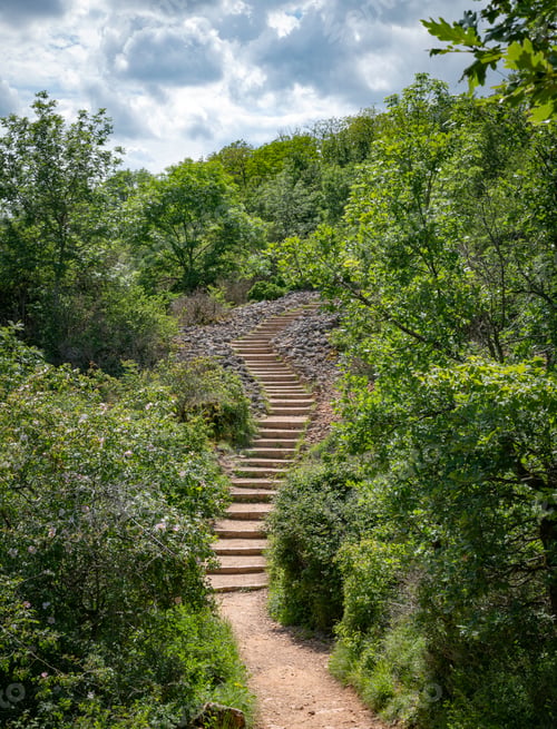 Preview: the hiking trail with steep steps up to the top of the Roche de Solutre