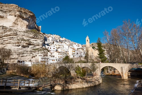Preview: Picturesque white village and church. Alcala del Jucar. Spain