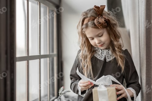 Vorschau: Porträt eines fröhlichen 5-jährigen Mädchens, das auf der Fensterbank ein Weihnachtsgeschenk öffnet