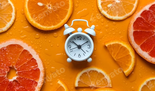 Preview: Clock and citruses summer time concept. Selective focus.