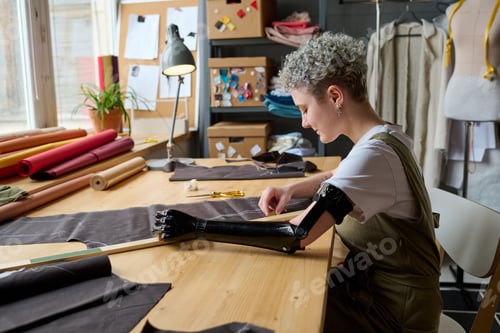 Preview: Contemporary young female entrepreneur with arm prosthesis working by table