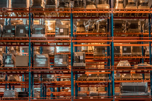 Preview: boxes and containers on shelves in modern warehouse
