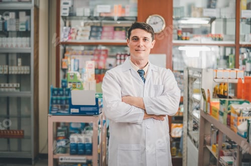 Preview: Male pharmacist posing confidently welcoming, advising patients