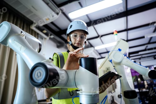 Preview: A woman wearing a yellow vest is looking at a robot