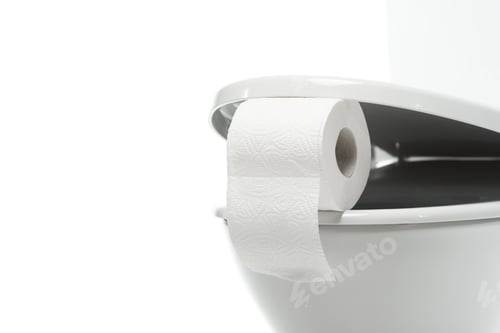 Preview: close up view of ceramic clean toilet bowl with toilet paper isolated on white