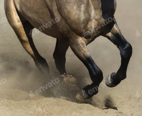 Preview: Black legs of running dun horse close up in sand dust.