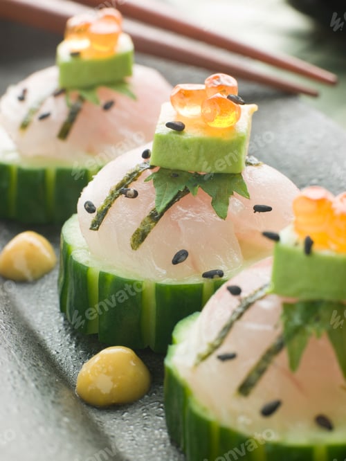 Preview: Sashimi Of Sea bass with Avocado and Salmon Roe