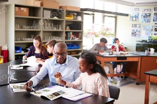 Preview: High School Tutor Sitting At Desk With Female Student In Biology Class