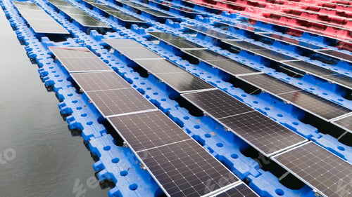 Preview: Drone view of Floating Solar Panel. Solar photovoltaic panel PV System in Industry lake water pond