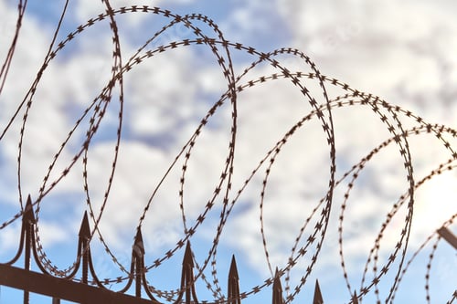 Preview: Barbed wire on fence, steel grating fence with barbs