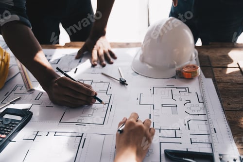 Preview: Architect concept, Architects working with blueprints in the office, Vintage Effect