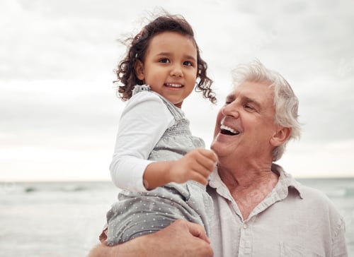 Preview: Beach, happy and elderly man with his grandchild on a family vacation during spring time. Travel, h