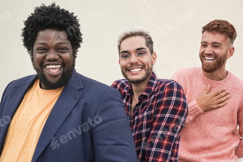 Preview: Happy diverse men laughing on camera outdoor - Multiracial friendship concept