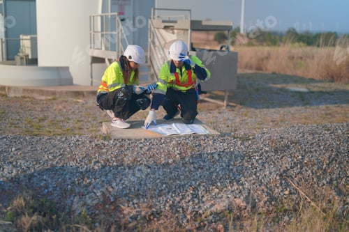 Preview: Sustainable energy industry - Engineers working at alternative renewable wind energy farm