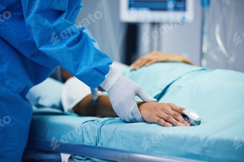 Preview: Sick, healthcare and a doctor with a patient in surgery for pulse, holding hands or support. Hospit