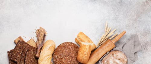 Preview: Various bread with wheat, flour and cooking utensils