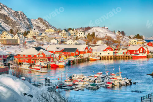 Preview: Captivating snowy morning cityscape of Sorvagen town and port.