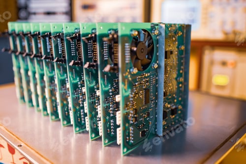 Preview: Close-up electric green embedded microcircuits in production