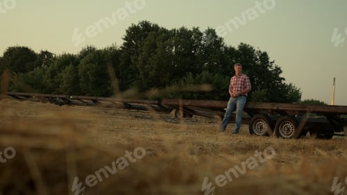 Preview: Farmer work wheat field at machine rural area view. Agribusiness concept.