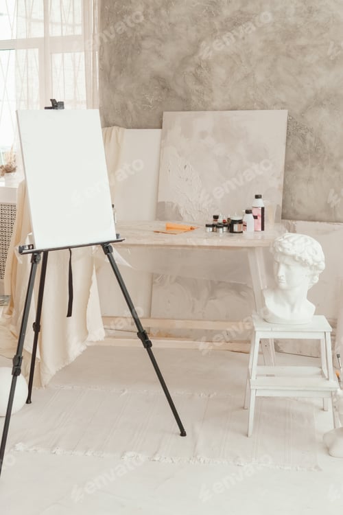 Preview: The interior of the art workshop is decorated in bright colors. Working materials of the artist