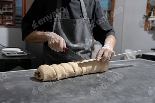 Preview: A young Hispanic baker is cutting a butter dough roll filled with figs