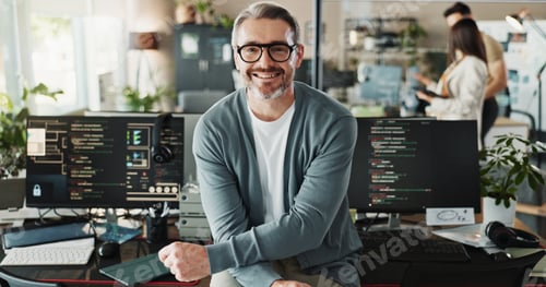 Preview: Happy man, coder and glasses in office for portrait, website development and software engineering o