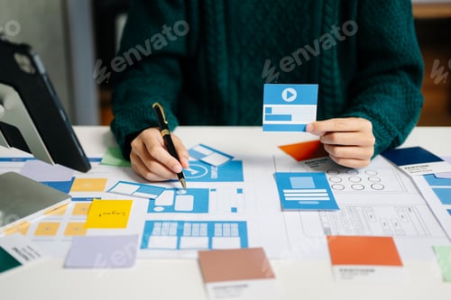 Preview: UX graphic designer planning application process development prototype wireframe for web smart phone
