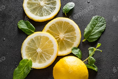 Preview: Fresh juicy lemon slices on a black background. Cocktail ingredient - mint leaves and lemon.