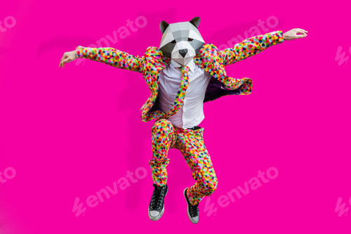 Preview: Man with funny low poly mask on colored background