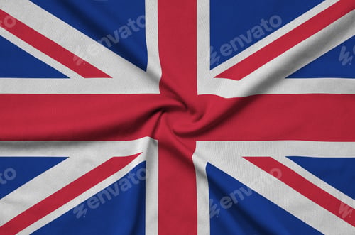 Preview: Great britain flag is depicted on a sports cloth fabric with many folds. Sport team waving banner
