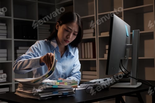 Preview: Young adorable Asian businesswoman working with work document during the night, working overtime at