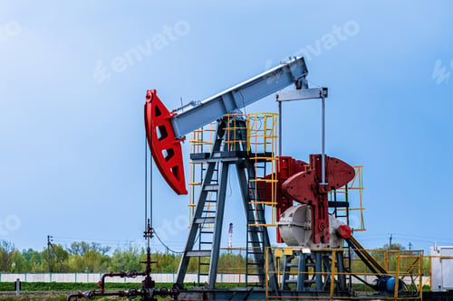 Preview: Oil drilling derrick pumps oil from ground. Petroleum industry, crude oil extraction.
