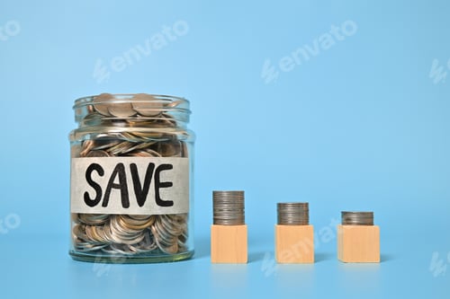 Preview: Saving Money Concept with Jar and Coin Stacks